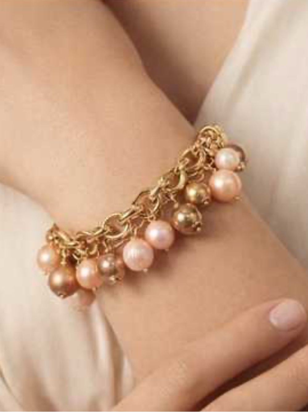 Honora Gold Charm Bracelet with Peach and Champagne Pearl Drops
